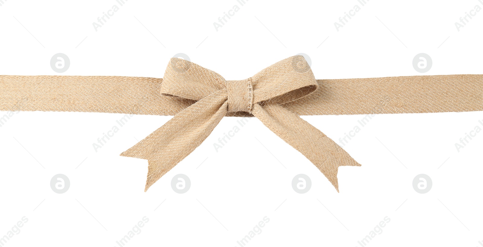 Photo of Ribbon and bow made of burlap fabric isolated on white