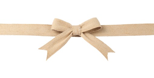 Photo of Ribbon and bow made of burlap fabric isolated on white