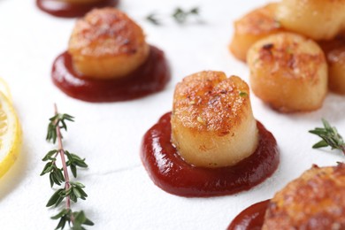 Photo of Delicious fried scallops with tomato sauce and lemon on plate, closeup