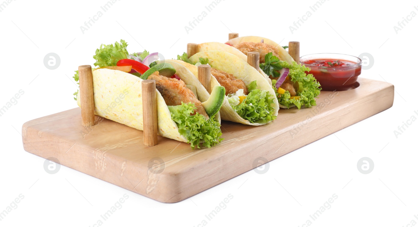 Photo of Board with tasty fish tacos isolated on white