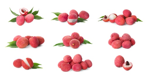 Image of Set of delicious fresh lychees on white background. Banner design 