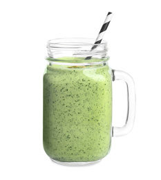 Photo of Mason jar with green buckwheat smoothie isolated on white