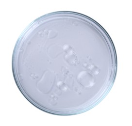 Photo of Petri dish with liquid sample isolated on white, top view