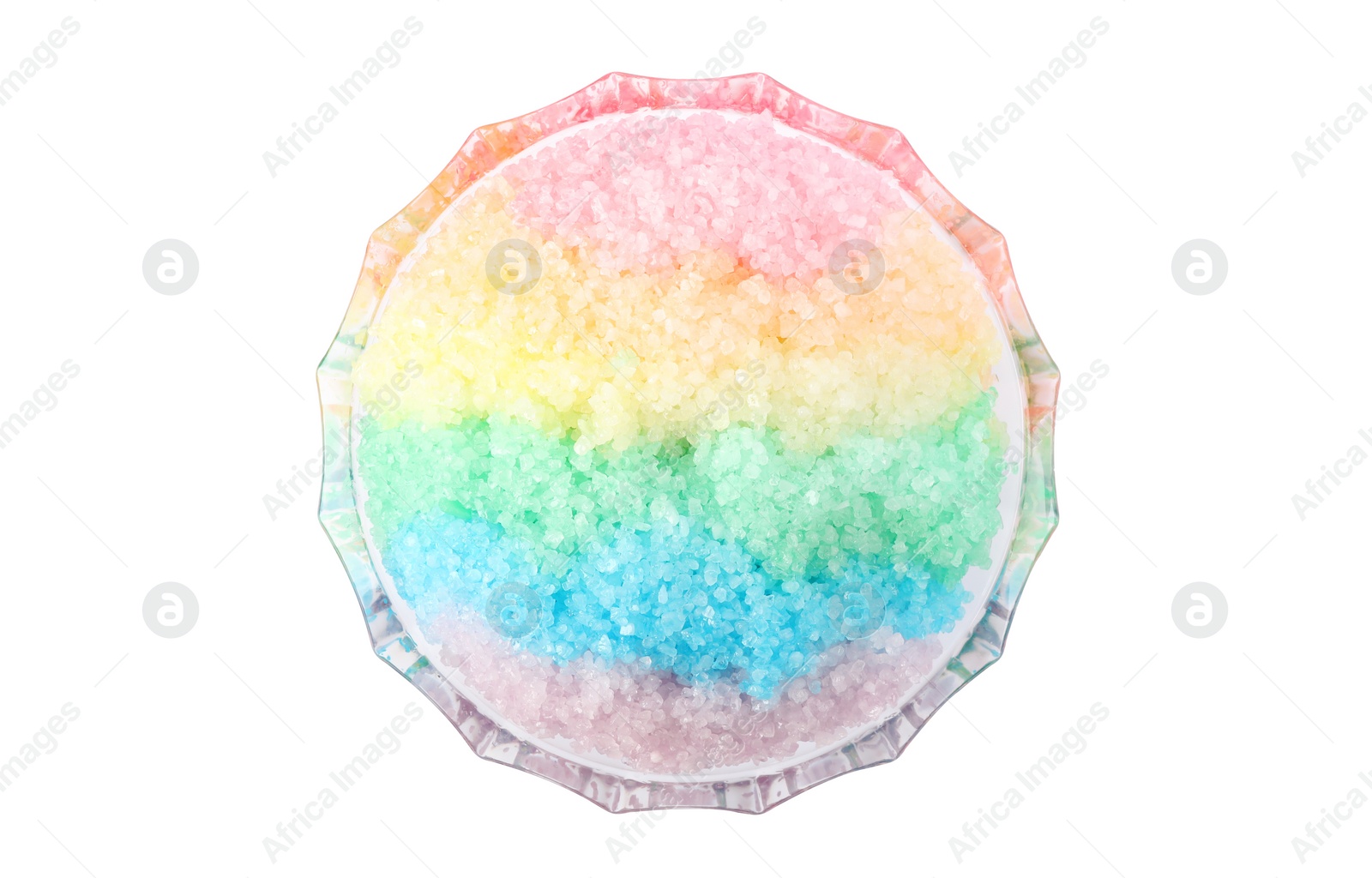 Photo of Rainbow shaving ice in glass dessert bowl isolated on white, top view