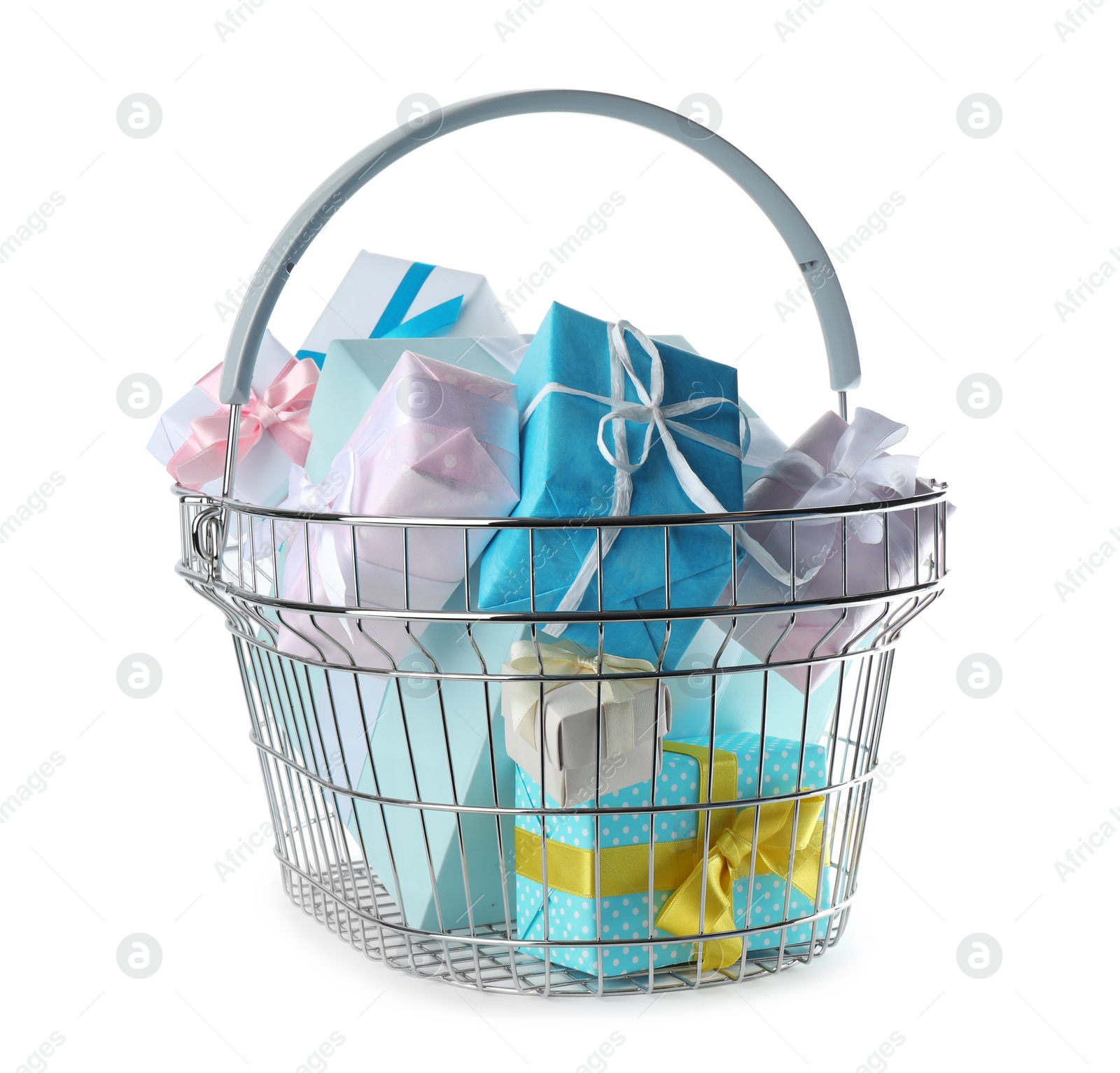 Photo of Shopping basket full of gift boxes on white background