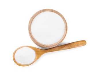 Baking soda in bowl and spoon isolated on white, top view