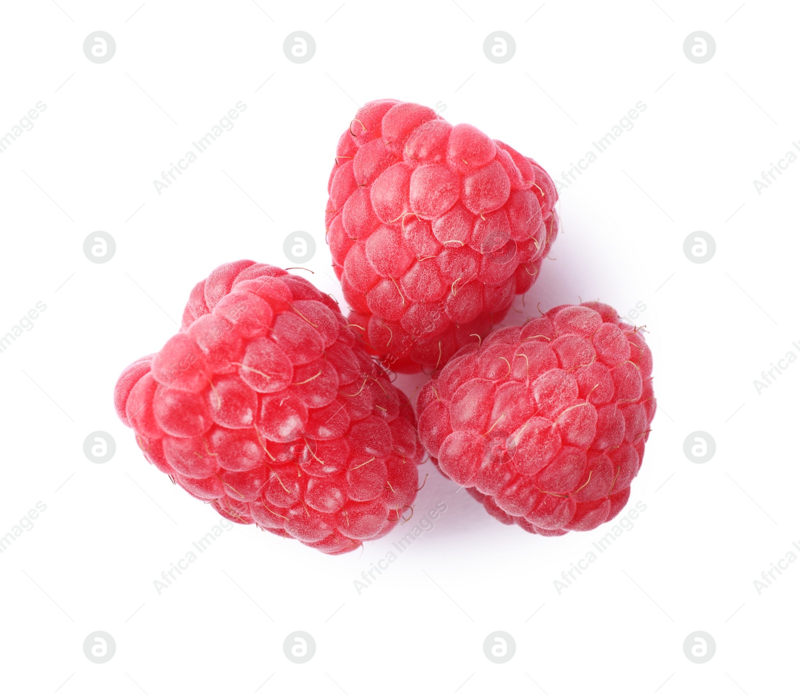 Photo of Delicious fresh ripe raspberries isolated on white, top view