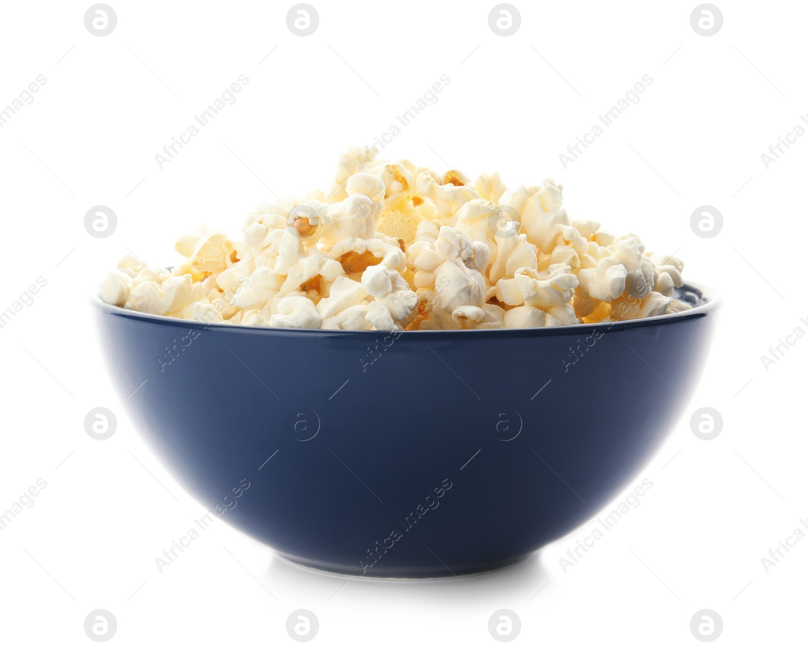 Photo of Bowl with delicious fresh popcorn on white background