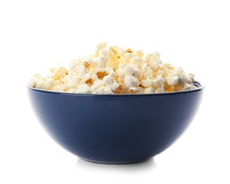 Photo of Bowl with delicious fresh popcorn on white background