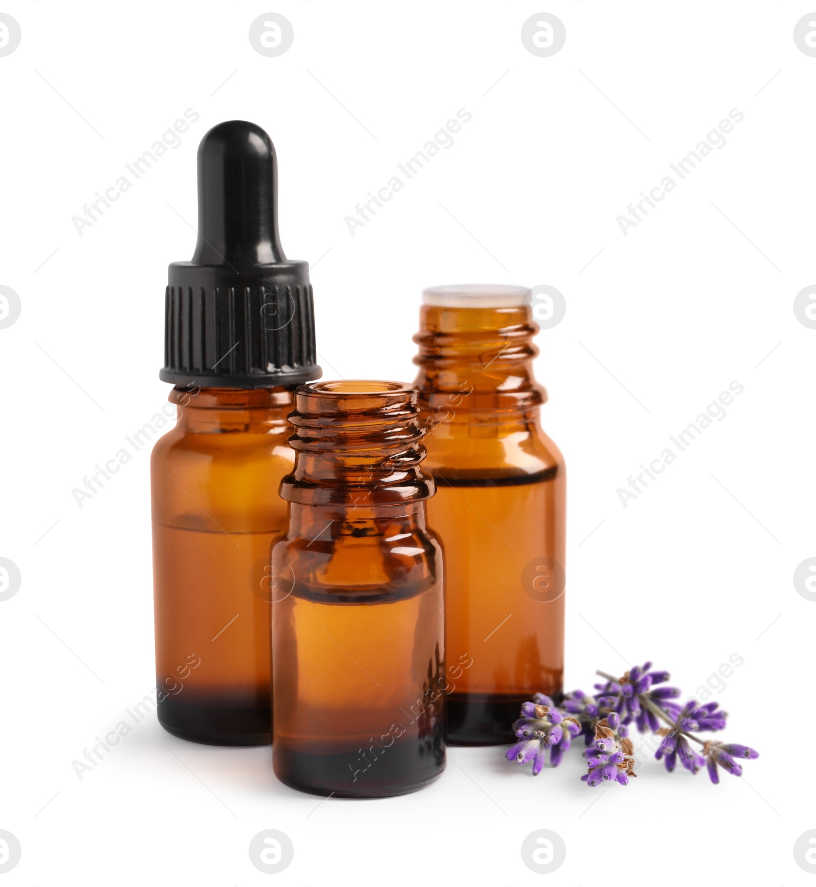 Photo of Essential oil and lavender flowers on white background