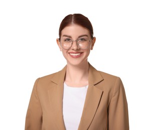 Photo of Portrait of smiling businesswoman on white background