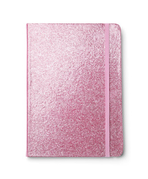 Photo of Stylish pink glitter notebook isolated on white, top view