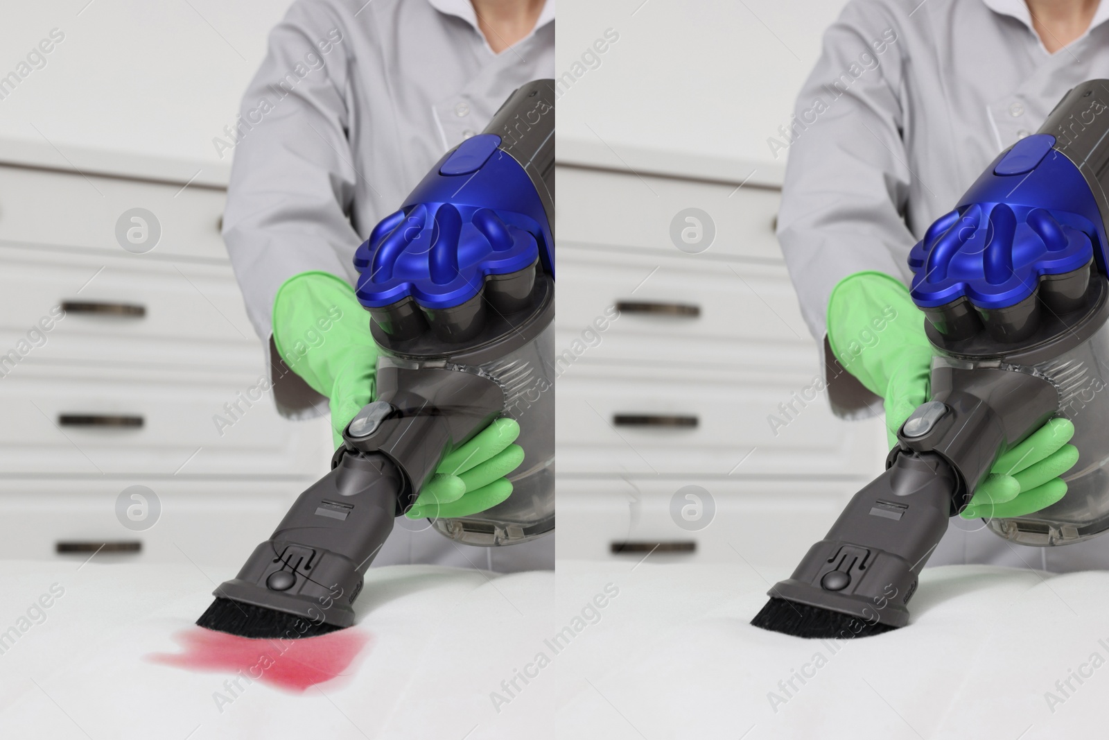 Image of Woman in gloves disinfecting mattress with vacuum cleaner indoors, closeup. Collage with photos before and after cleaning