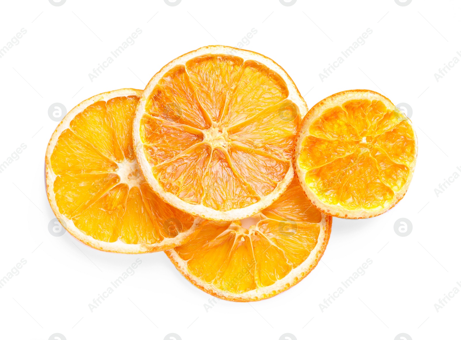 Delicious dry orange slices on white background, top view Photo of Delicious dry orange slices on white background, top view