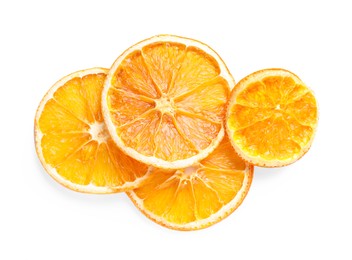 Photo of Delicious dry orange slices on white background, top view