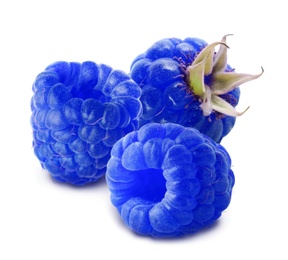 Fresh tasty blue raspberries on white background