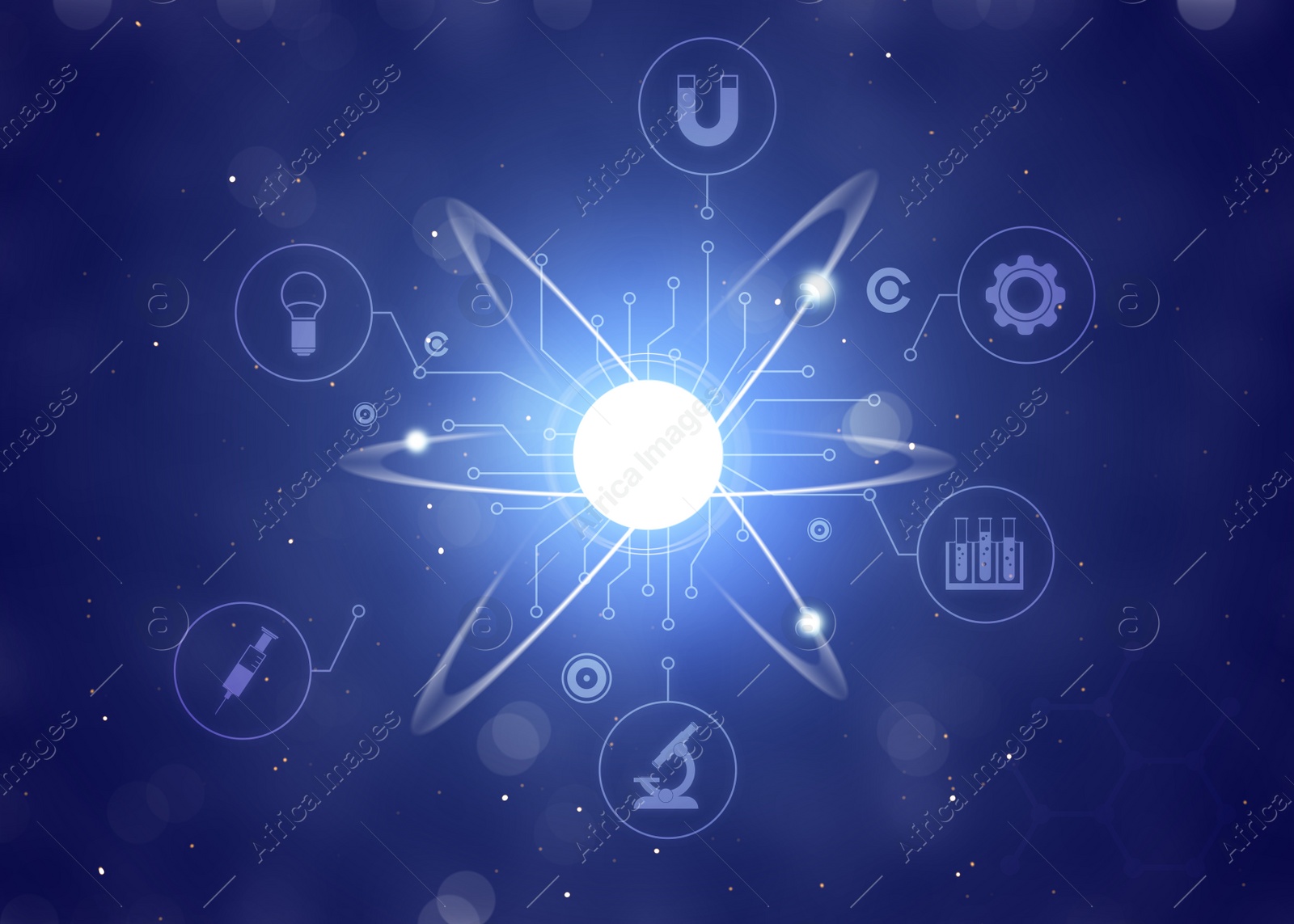 Illustration of Virtual model of atom and different icons on color background. Illustration