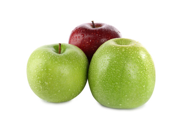 Photo of Fresh juicy green and red apples with water drops isolated on white