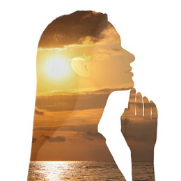 Beautiful woman and seascape at sunset on white background, double exposure