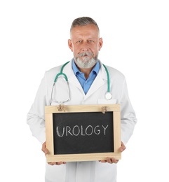 Photo of Male doctor holding chalkboard with word UROLOGY on white background