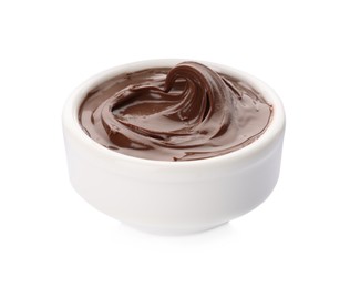 Photo of Bowl of chocolate paste isolated on white