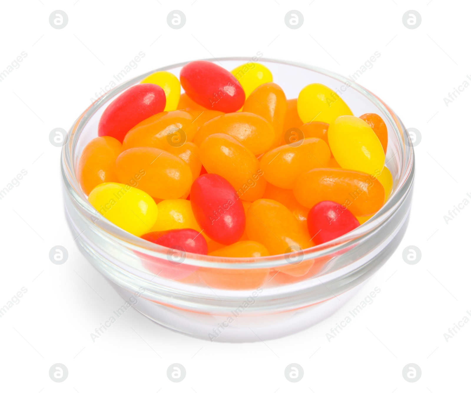 Photo of Bowl of delicious color jelly beans isolated on white