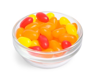 Photo of Bowl of delicious color jelly beans isolated on white