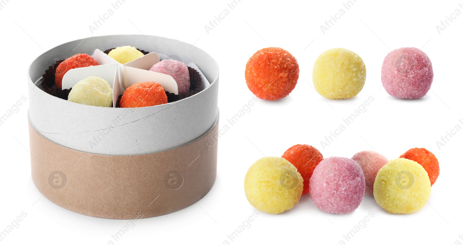 Image of Set with colorful chocolate candies on white background