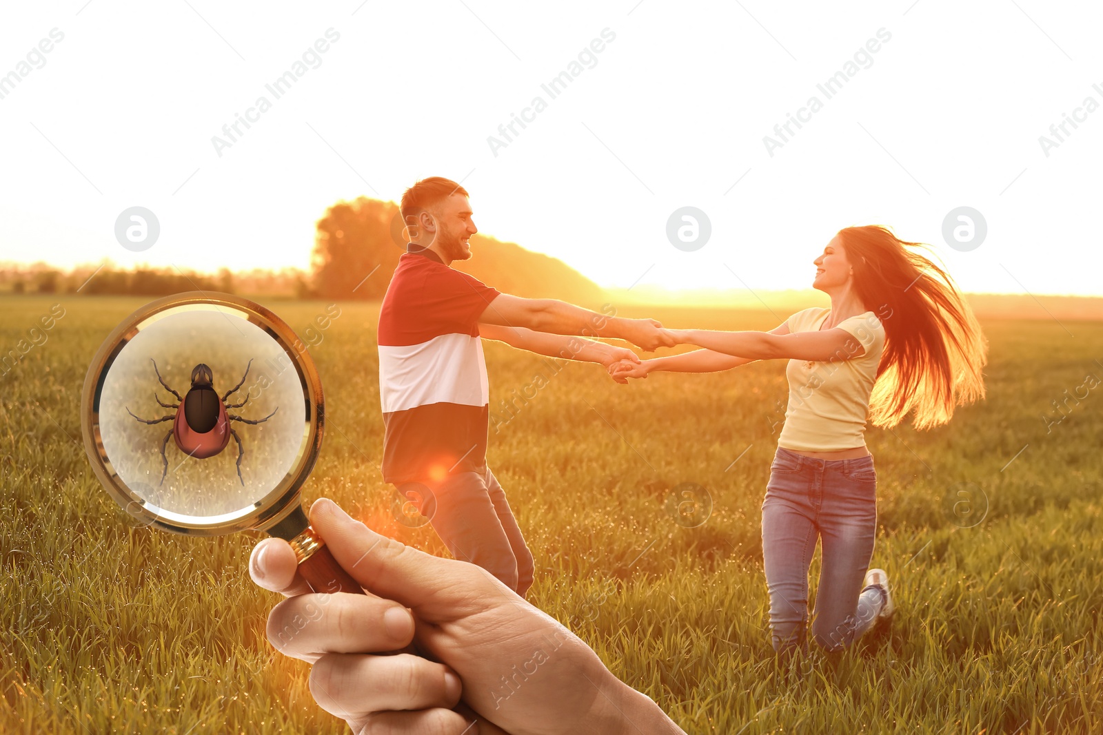 Image of Happy couple spending time together outdoors and don't even suspect about hidden danger in green grass. Woman showing tick with magnifying glass, selective focus