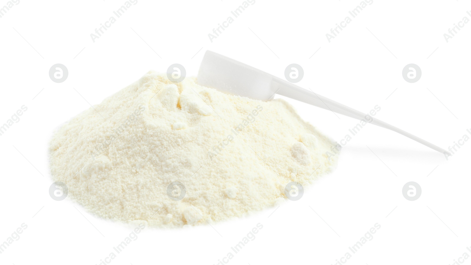 Photo of Pile of protein powder and scoop isolated on white