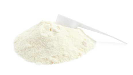 Pile of protein powder and scoop isolated on white