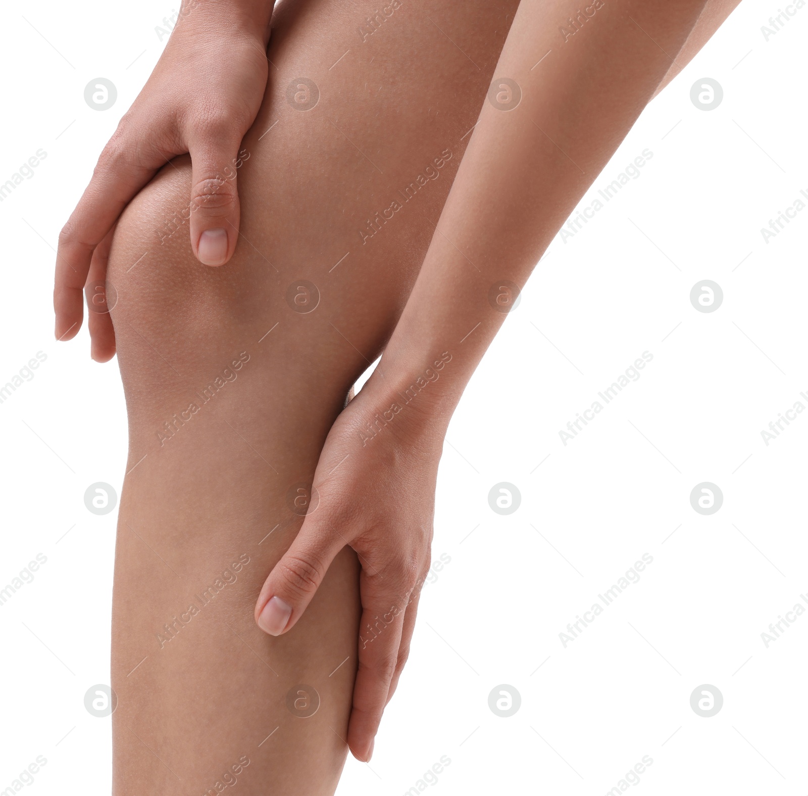 Photo of Woman showing her slim legs on white background, closeup