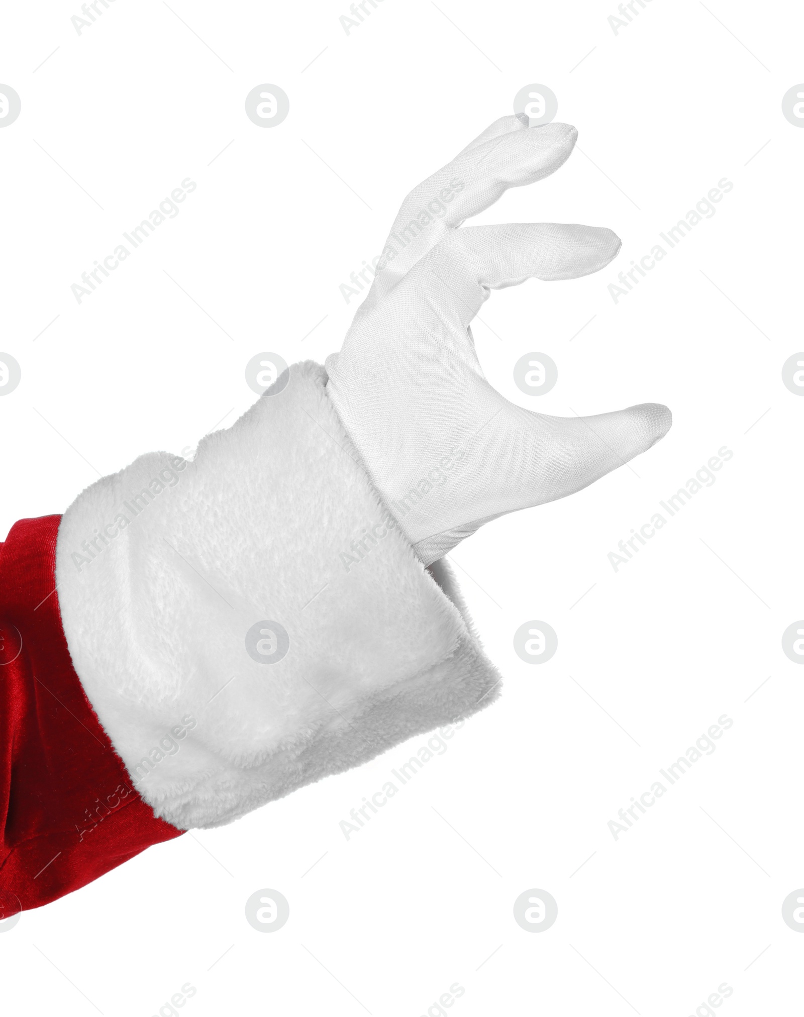 Photo of Merry Christmas. Santa Claus holding something on white background, closeup