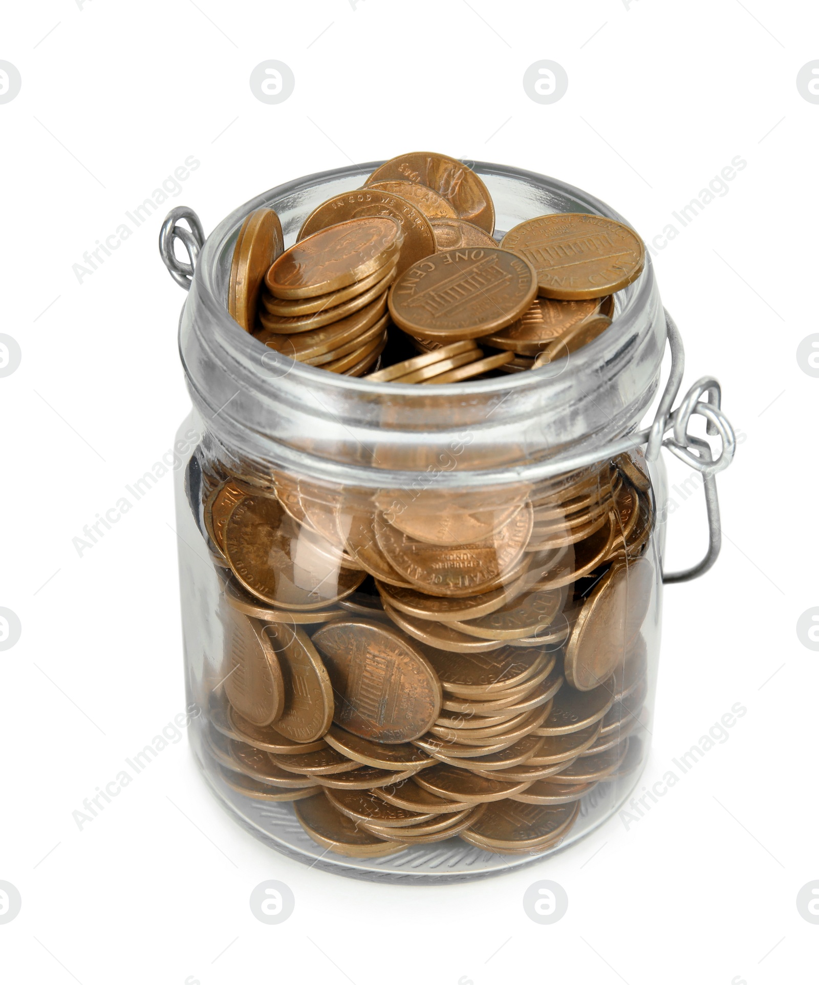 Photo of Glass jar with coins isolated on white