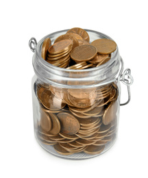 Photo of Glass jar with coins isolated on white