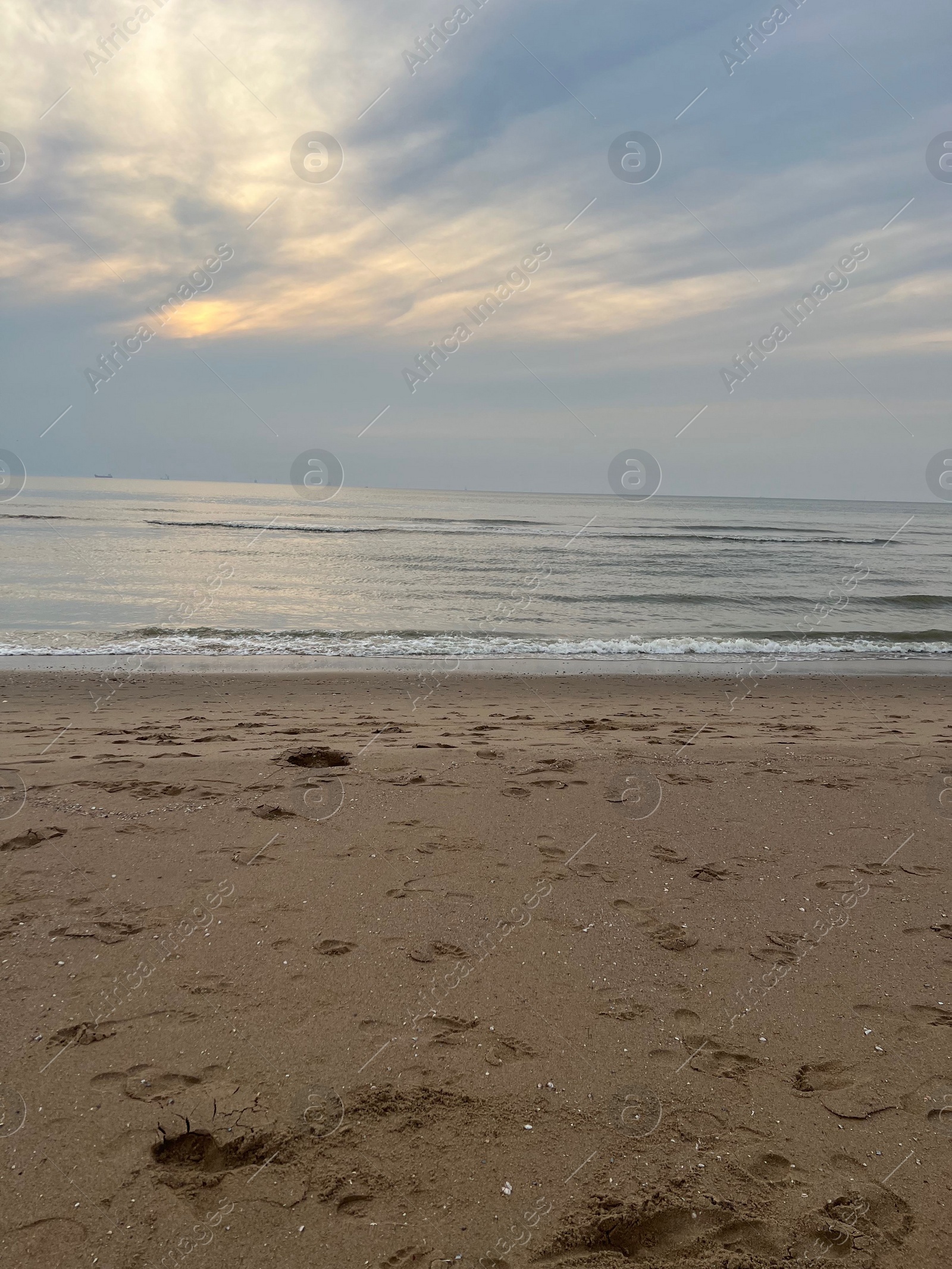 Photo of Picturesque view of beautiful sandy beach and sea at sunset