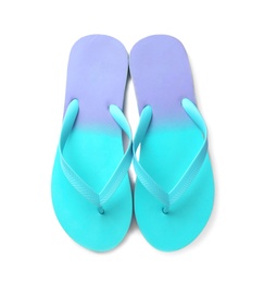 Bright flip flops on white background, top view. Beach accessories