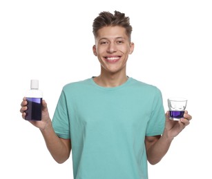 Photo of Young man with mouthwash on white background