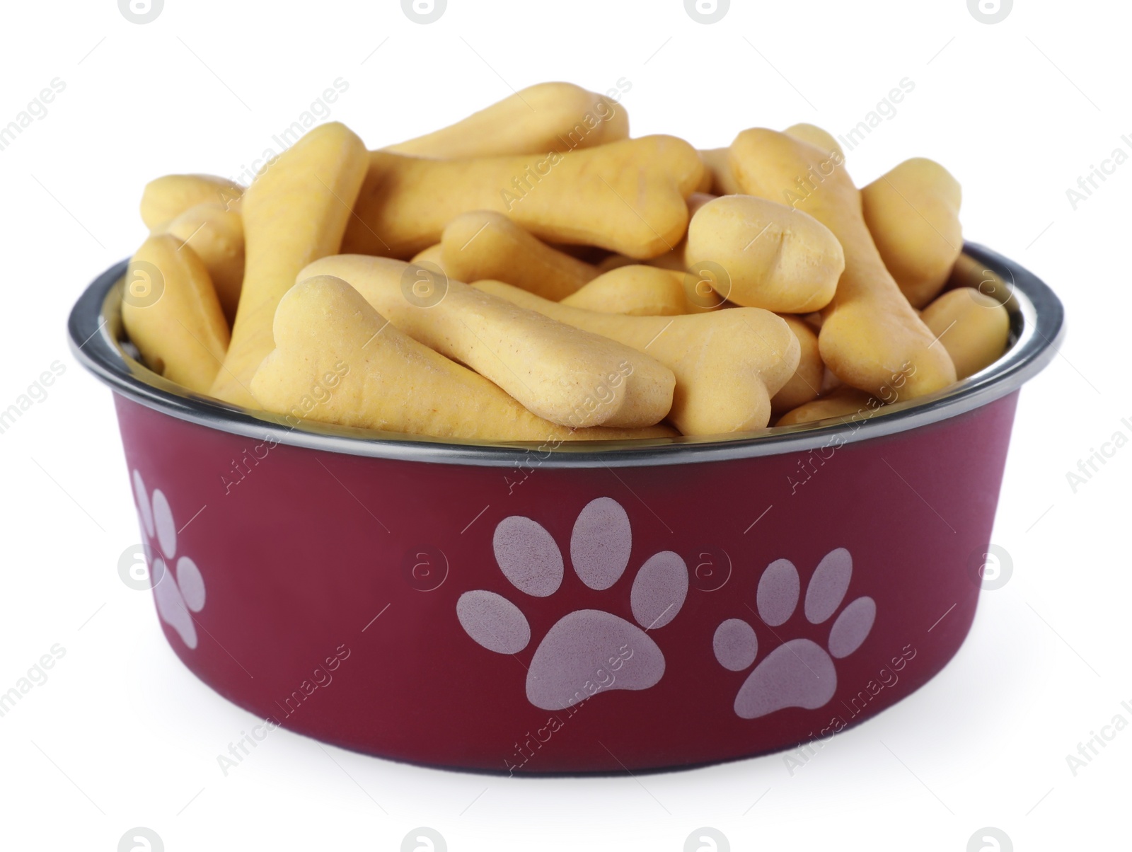 Photo of Bone shaped dog cookies in feeding bowl isolated on white