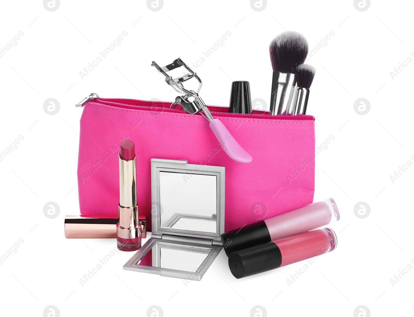 Photo of Stylish pocket mirror and cosmetic bag with makeup products on white background