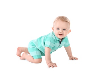 Cute little baby crawling on white background