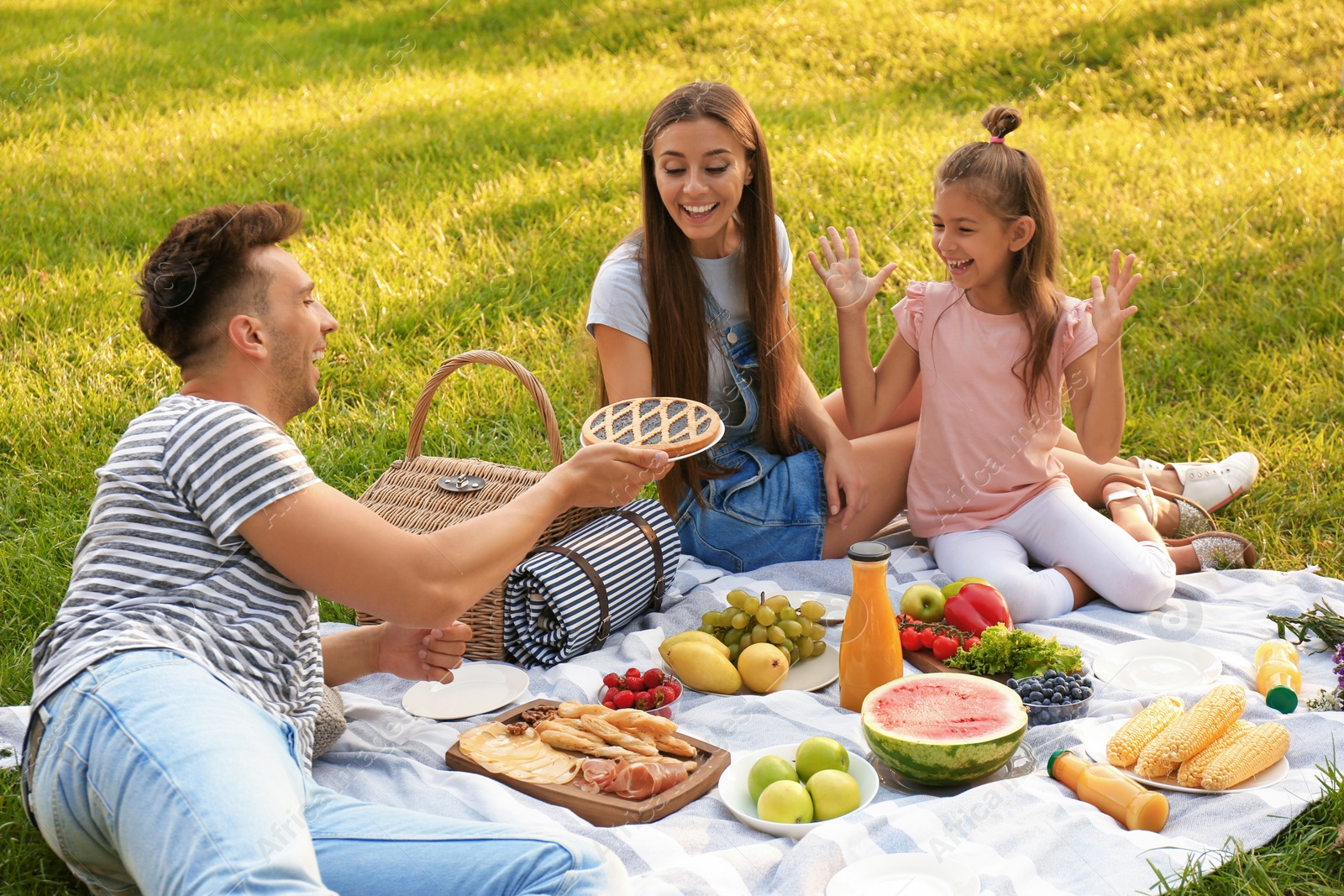 Photo of Happy family having picnic in park on sunny summer day