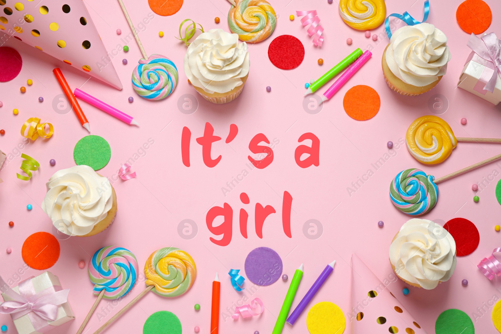 Image of Flat lay composition with baby shower cupcakes for girl on pink background