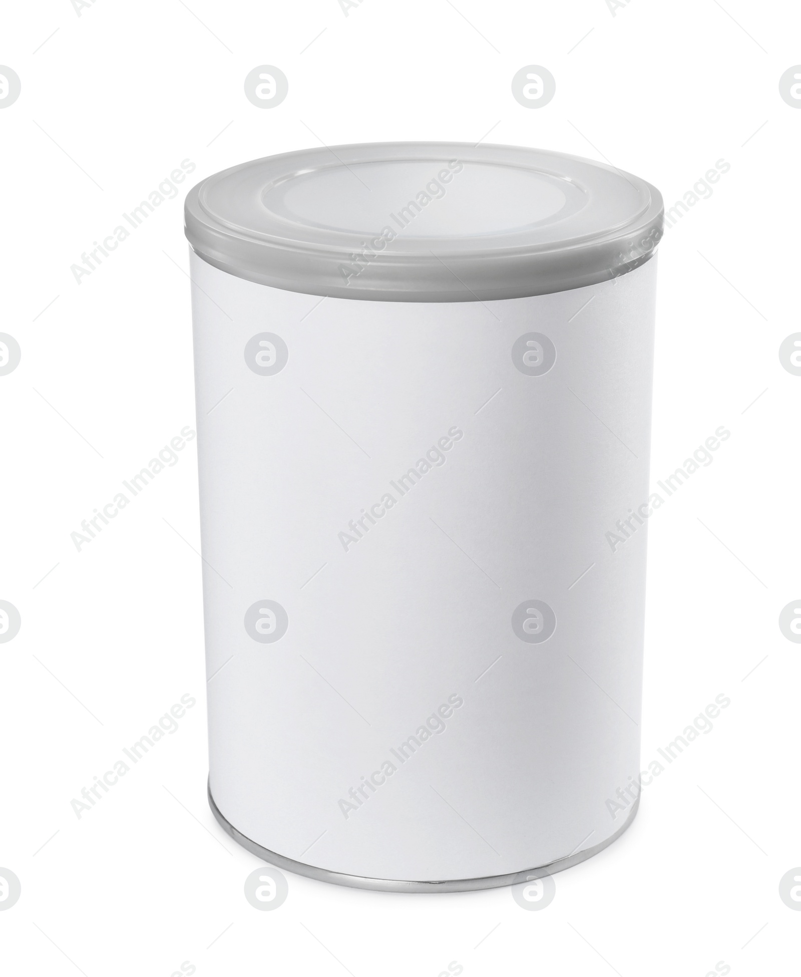 Photo of Blank can of powdered infant formula isolated on white, mockup for design. Baby milk