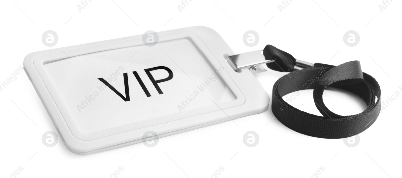 Photo of Plastic VIP badge with black ribbon isolated on white