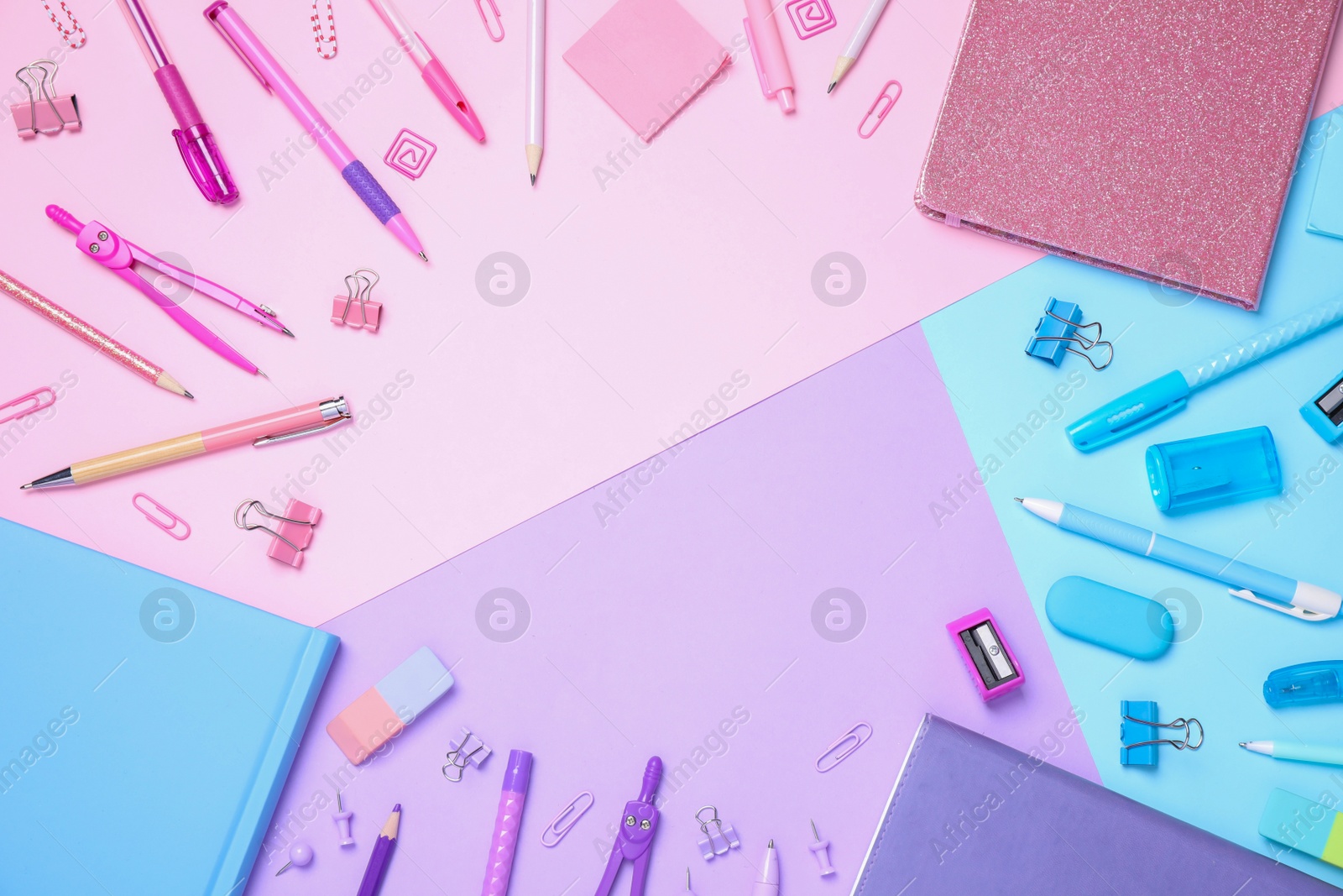 Photo of Flat lay composition with stationery on color background. Space for text