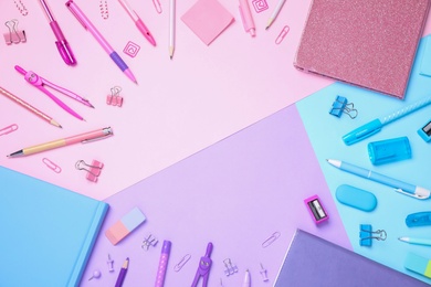 Photo of Flat lay composition with stationery on color background. Space for text