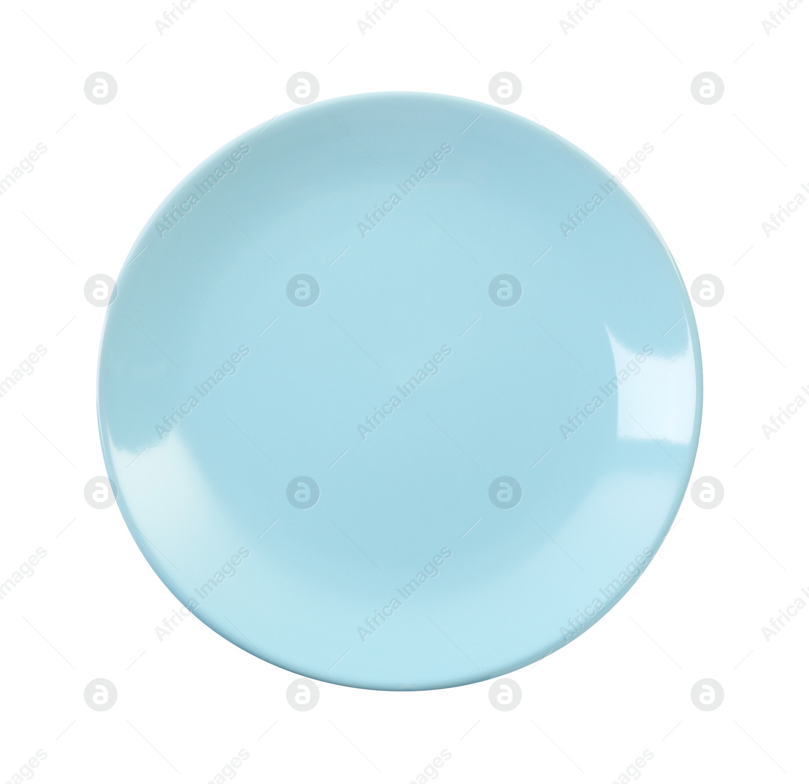 Photo of One light blue ceramic plate isolated on white, top view