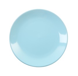 Photo of One light blue ceramic plate isolated on white, top view