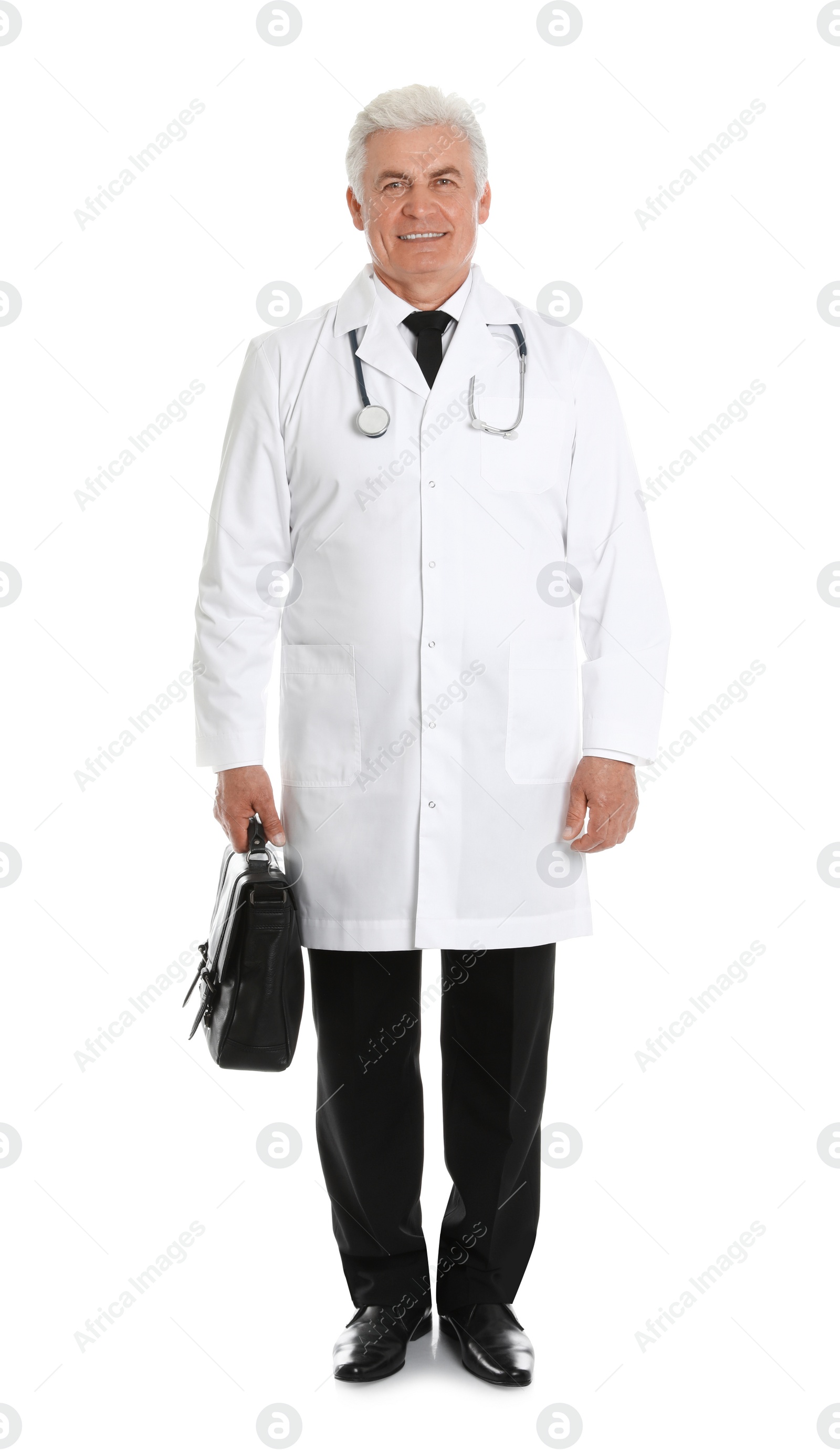 Photo of Full length portrait of male doctor with briefcase isolated on white. Medical staff